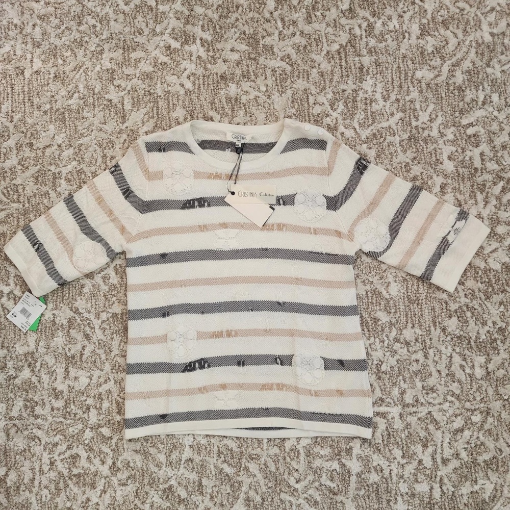 NWT CRISTINA PATTERNED ECRU/GRAY/GOLD STRIPED 3/4 SLEEVE TOP -M/L